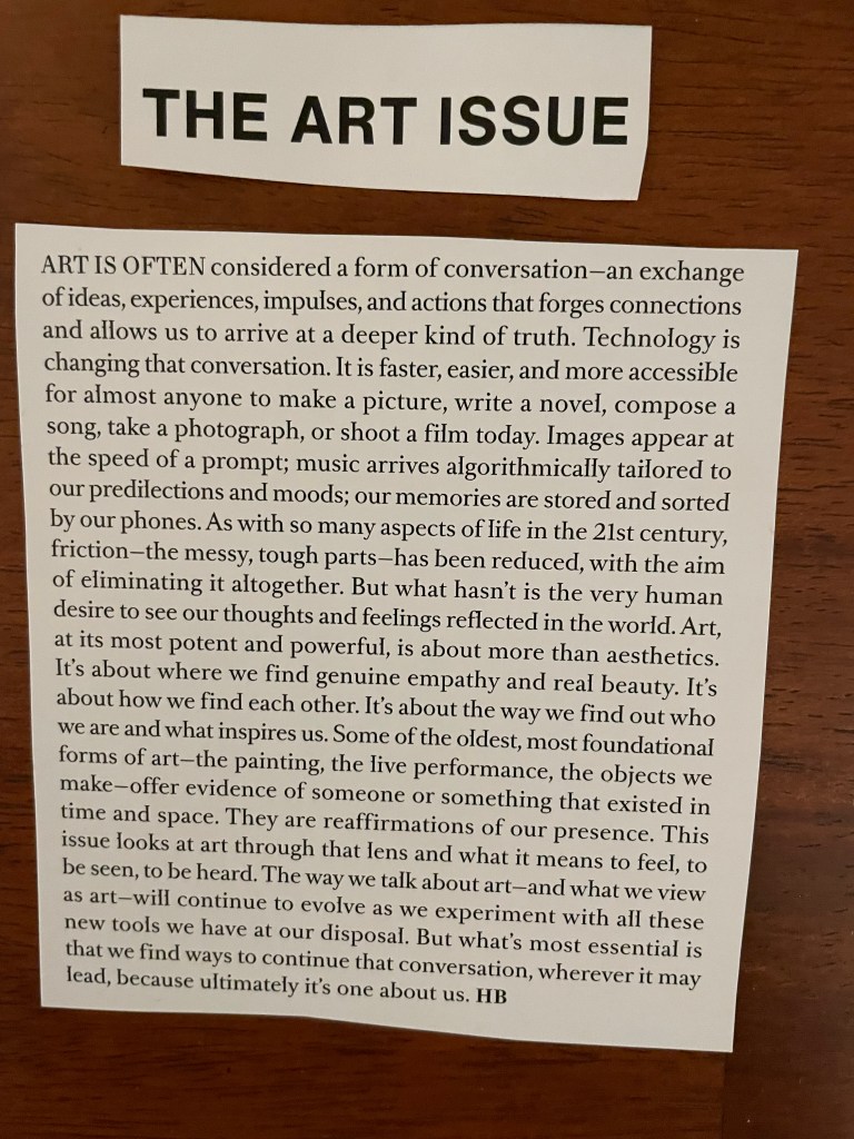 The image is a photo of Harper's Bazaar Art issue theme.